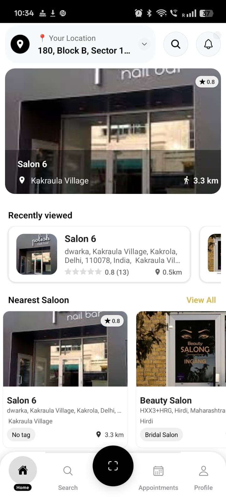 Customer app home screen with nearby salons