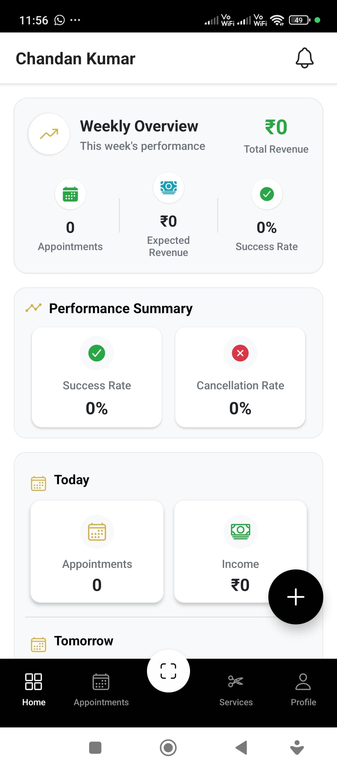 Business app dashboard with weekly overview