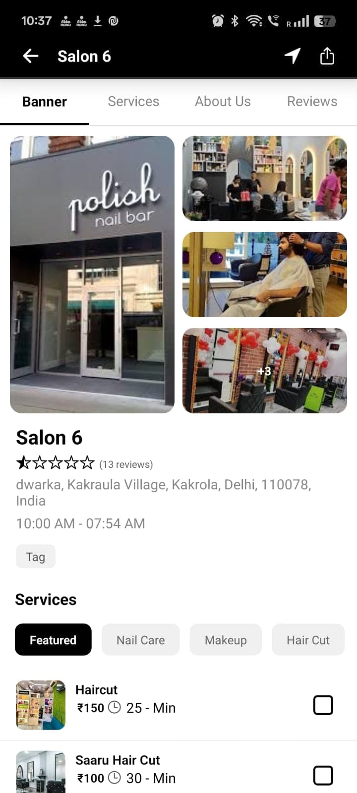 Customer app salon details with services and prices